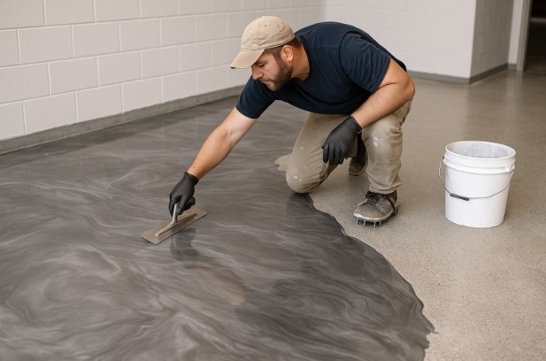 Technician applying metallic epoxy floor coating in Whitman, MA.