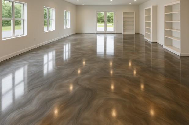 Modern metallic floor reflecting silver and bronze tones in a bright showroom.