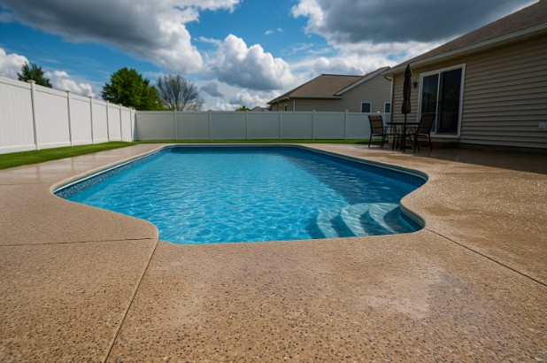 Professional pool deck coating protecting against sun, rain, and winter weather in Massachusetts.