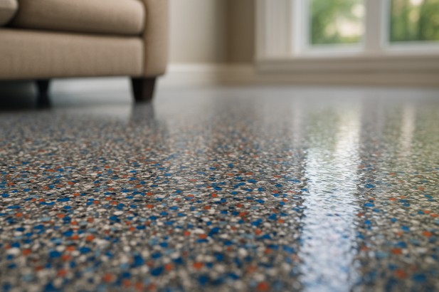 Close-up of colorful flake epoxy floor in a living area, showing texture and glossy coating.